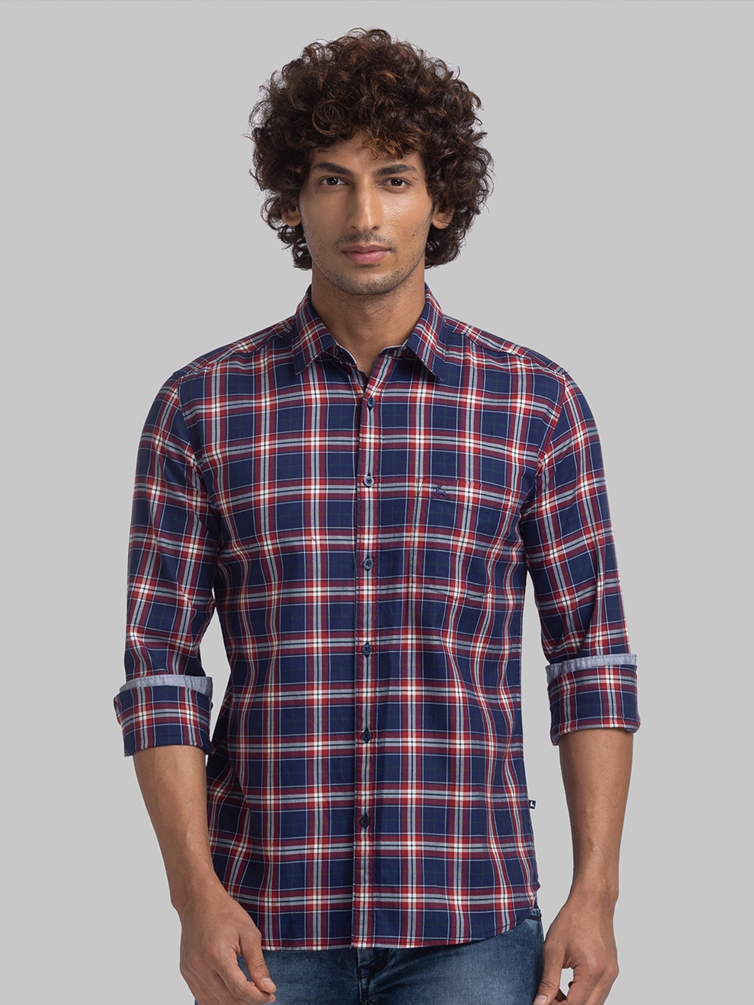 

Parx Slim Fit Tartan Checks Opaque Cotton Casual Shirt, Blue