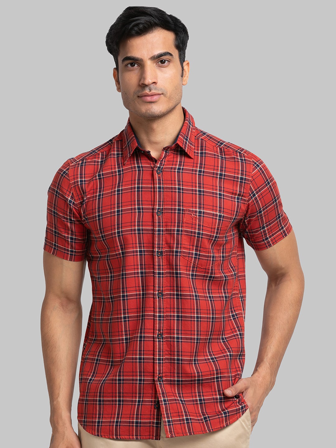 

Parx Checked Spread Collar Long Sleeves Cotton Slim Fit Formal Shirt, Red