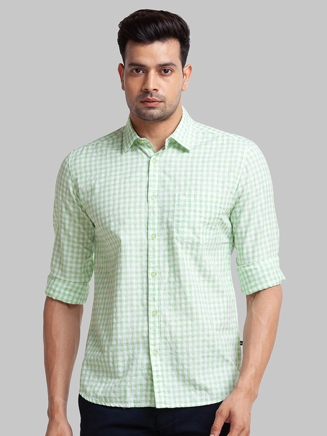 

Parx Slim Fit Grid Tattersall Checks Casual Shirt, Green