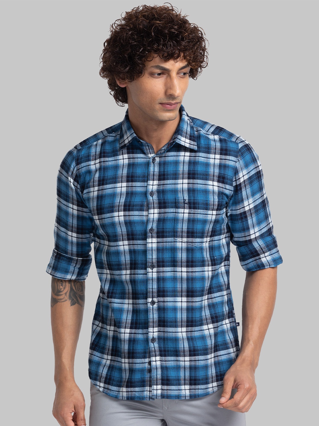 

Parx Slim Fit Checked Long Sleeves Cotton Shirt, Blue