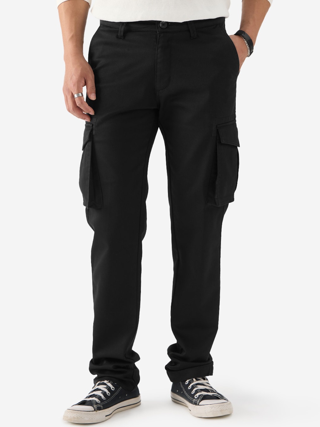 

The Souled Store Men Mid-Rise Cotton Cargos Trousers, Black