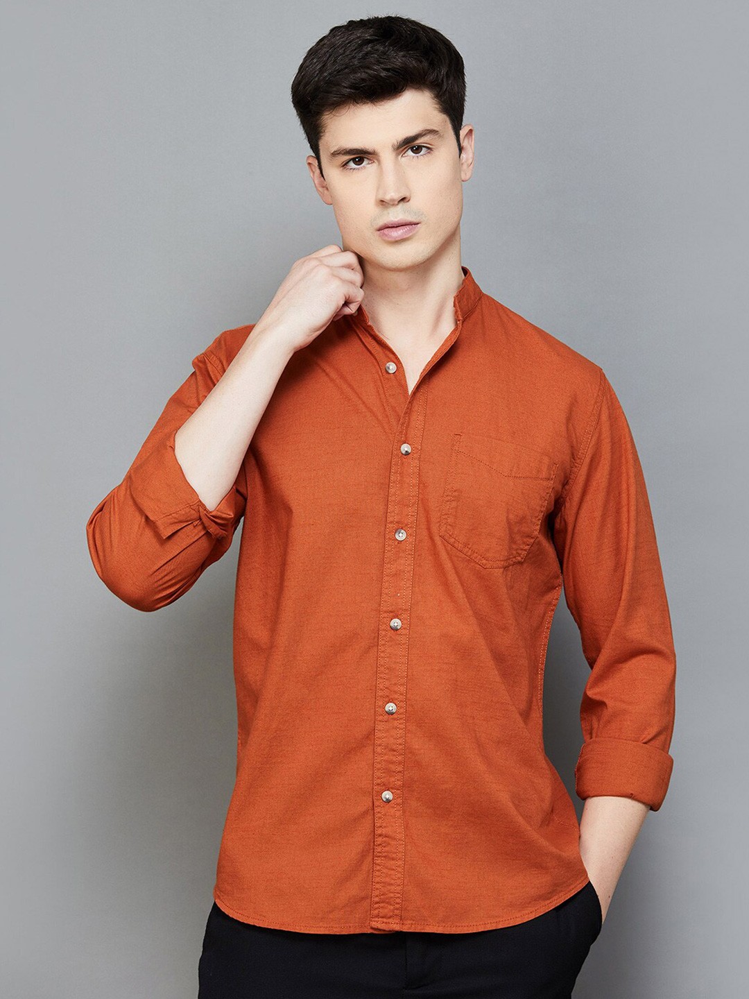 

Forca by Lifestyle Mandarin Collar Long Sleeves Cotton Casual Shirt, Turquoise blue