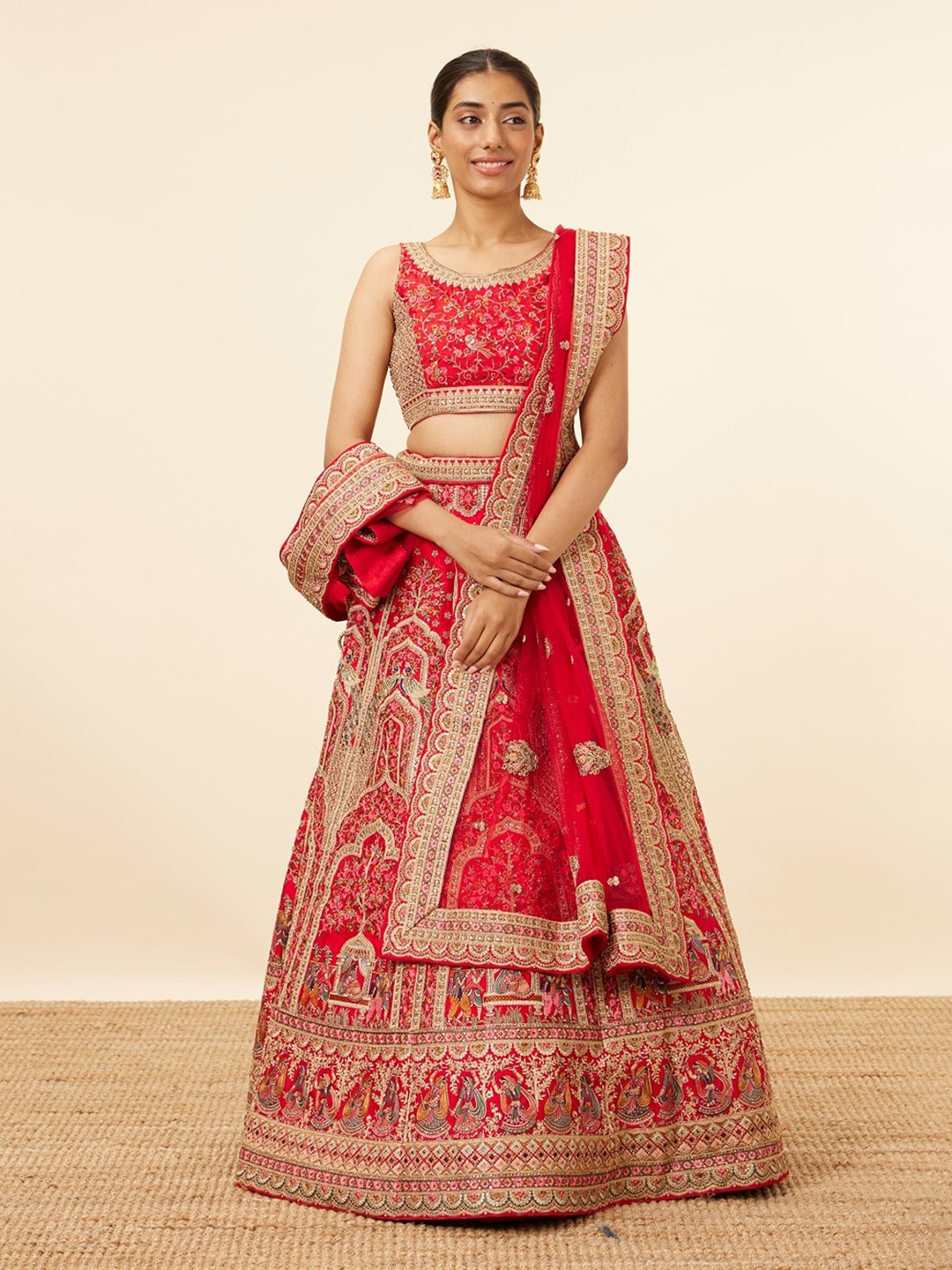 

MOHEY Embroidered Zari Semi-Stitched Lehenga & Unstitched Blouse With Dupatta & Belt, Red