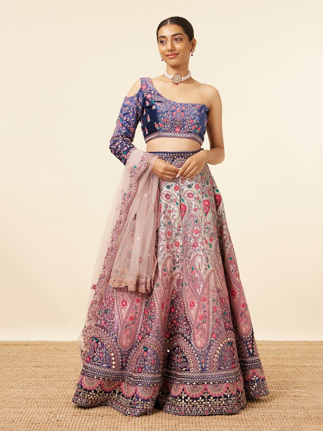 

MOHEY Embroidered Semi-Stitched Velvet Lehenga & Unstitched Blouse With Dupatta, Pink