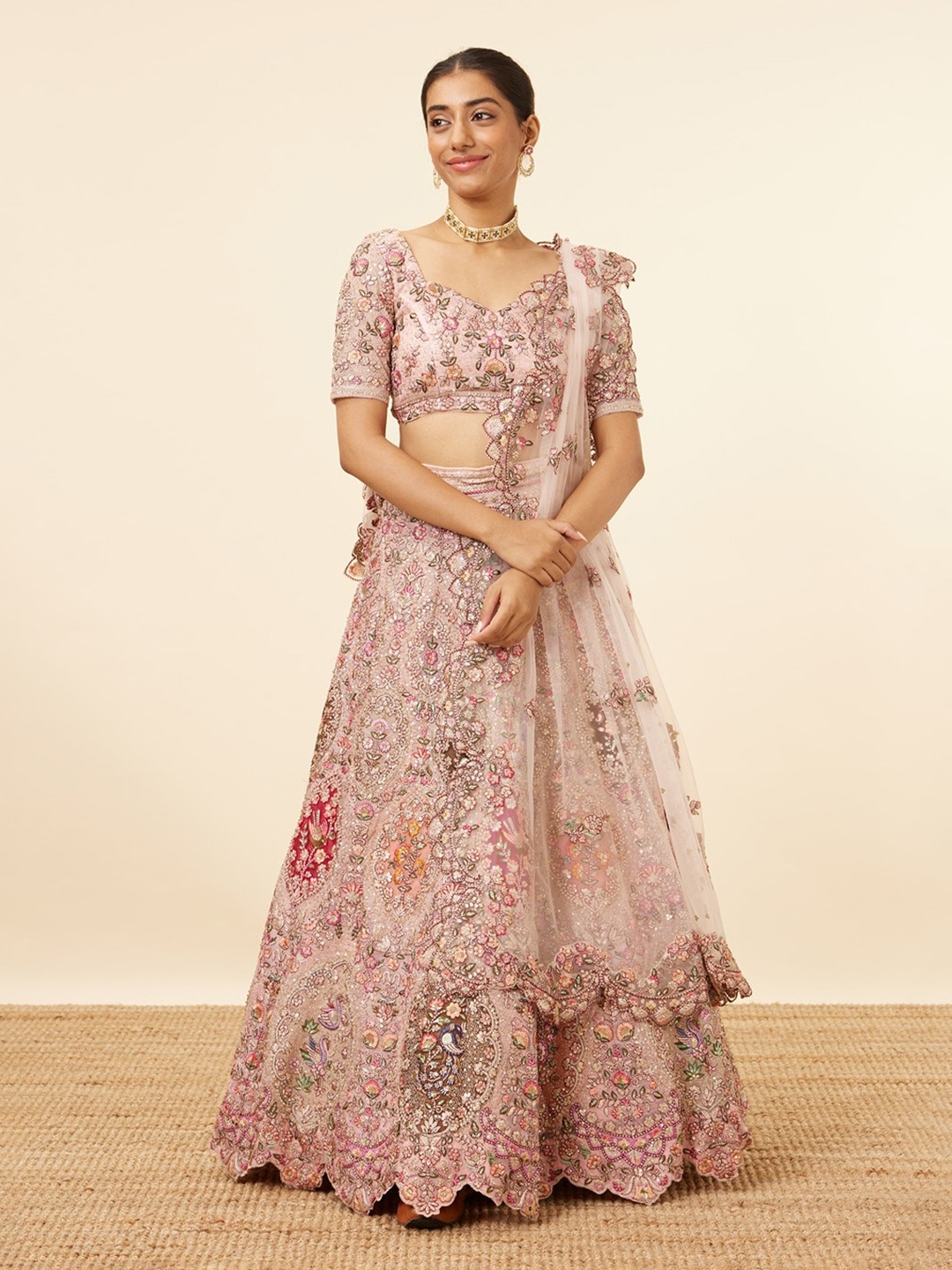 

MOHEY Embroidered Semi-Stitched Lehenga & Unstitched Blouse With Dupatta, Pink