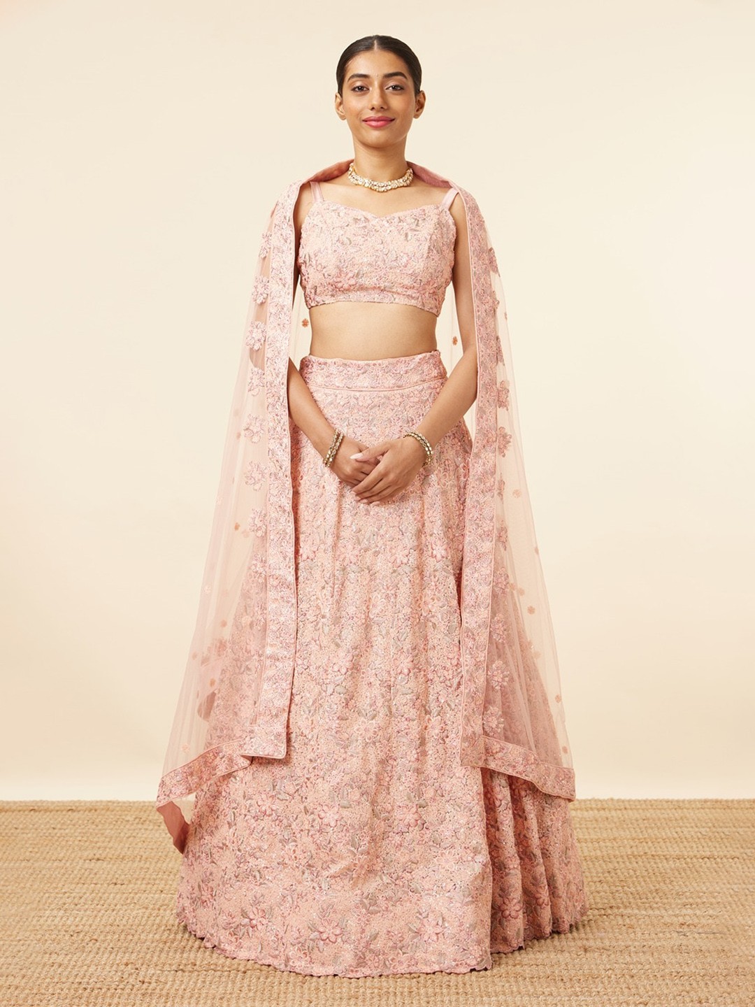 

MOHEY Embroidered Mirror Work Semi-Stitched Lehenga & Unstitched Blouse With Dupatta, Pink