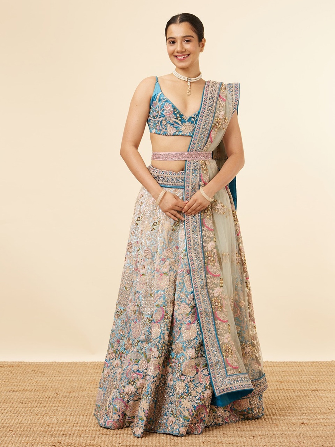 

MOHEY Embroidered Velvet Semi-Stitched Lehenga & Unstitched Blouse With Dupatta, Blue