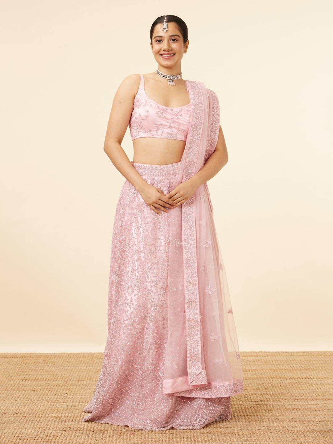 

MOHEY Embroidered Semi-Stitched Lehenga & Unstitched Blouse With Dupatta, Pink