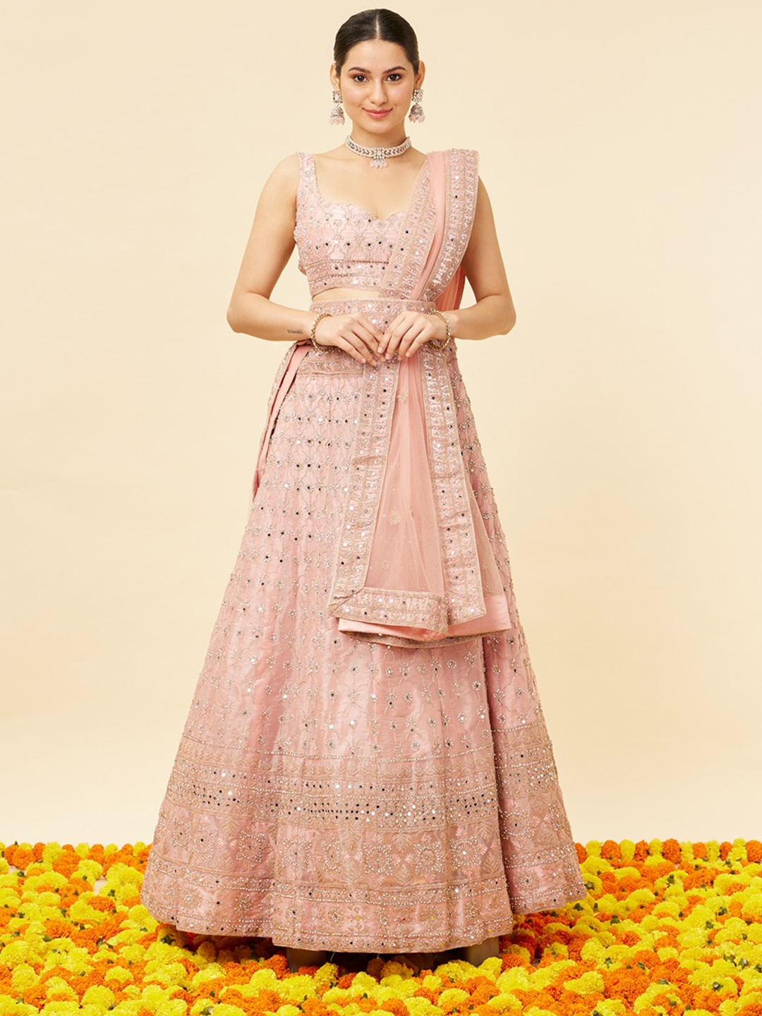 

MOHEY Embroidered Semi-Stitched Organza Lehenga & Unstitched Blouse With Dupatta, Pink