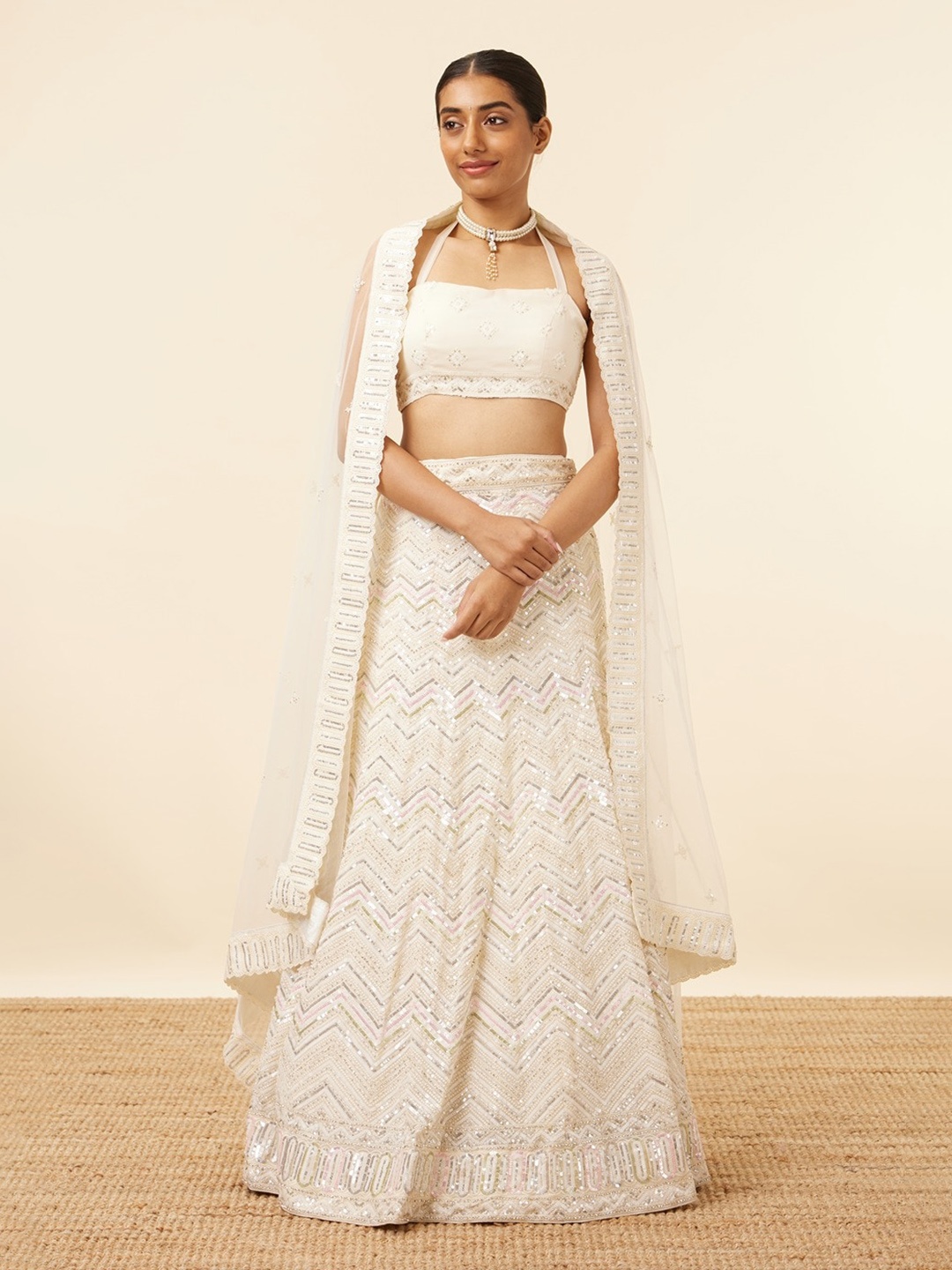 

MOHEY Embroidered Semi-Stitched Lehenga & Unstitched Blouse With Dupatta, Cream