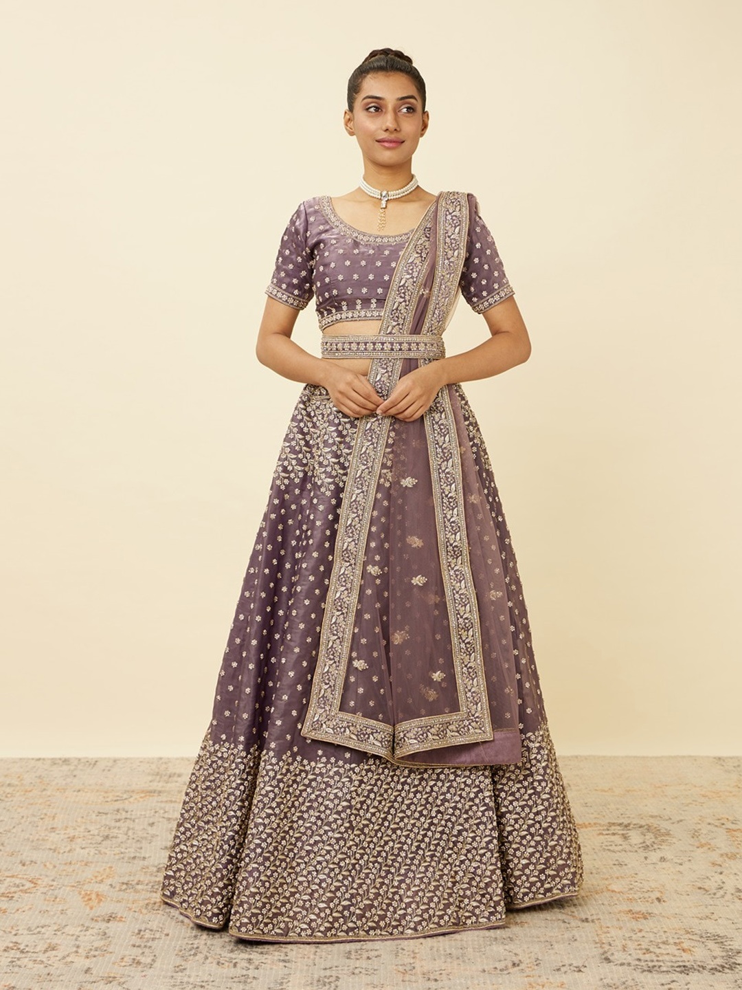 

MOHEY Embroidered Semi-Stitched Lehenga & Unstitched Blouse With Dupatta, Purple