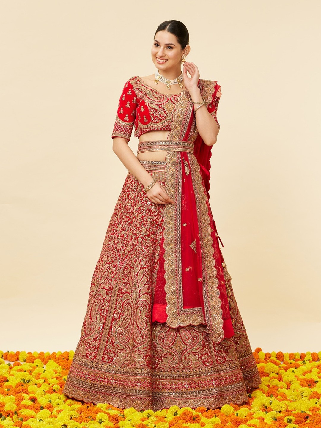 

MOHEY Embroidered Zari Velvet Semi-Stitched Lehenga & Unstitched Blouse With Dupatta, Red
