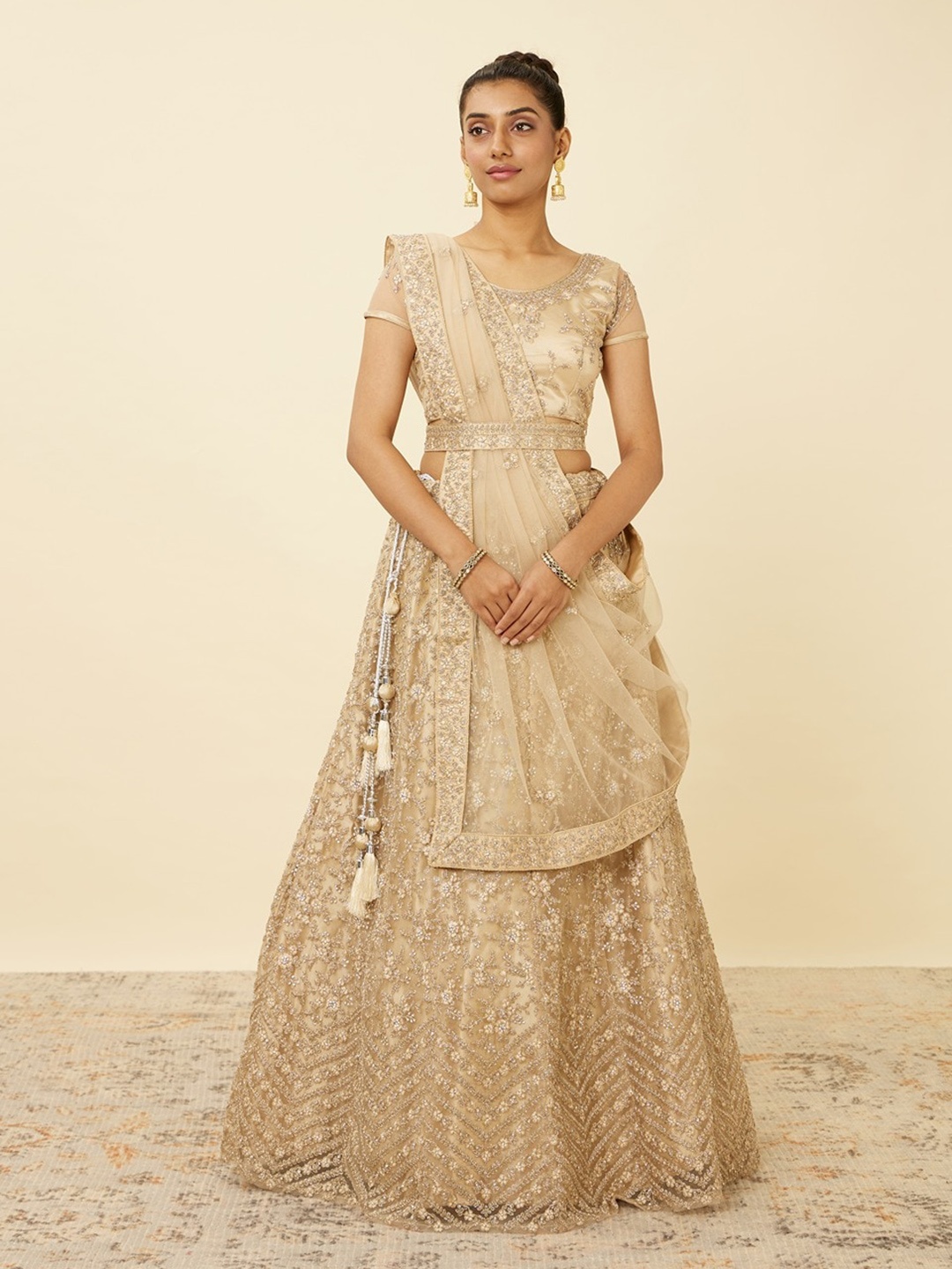 

MOHEY Embroidered Net Sequinned Semi-Stitched Lehenga & Unstitched Blouse With Dupatta, Beige