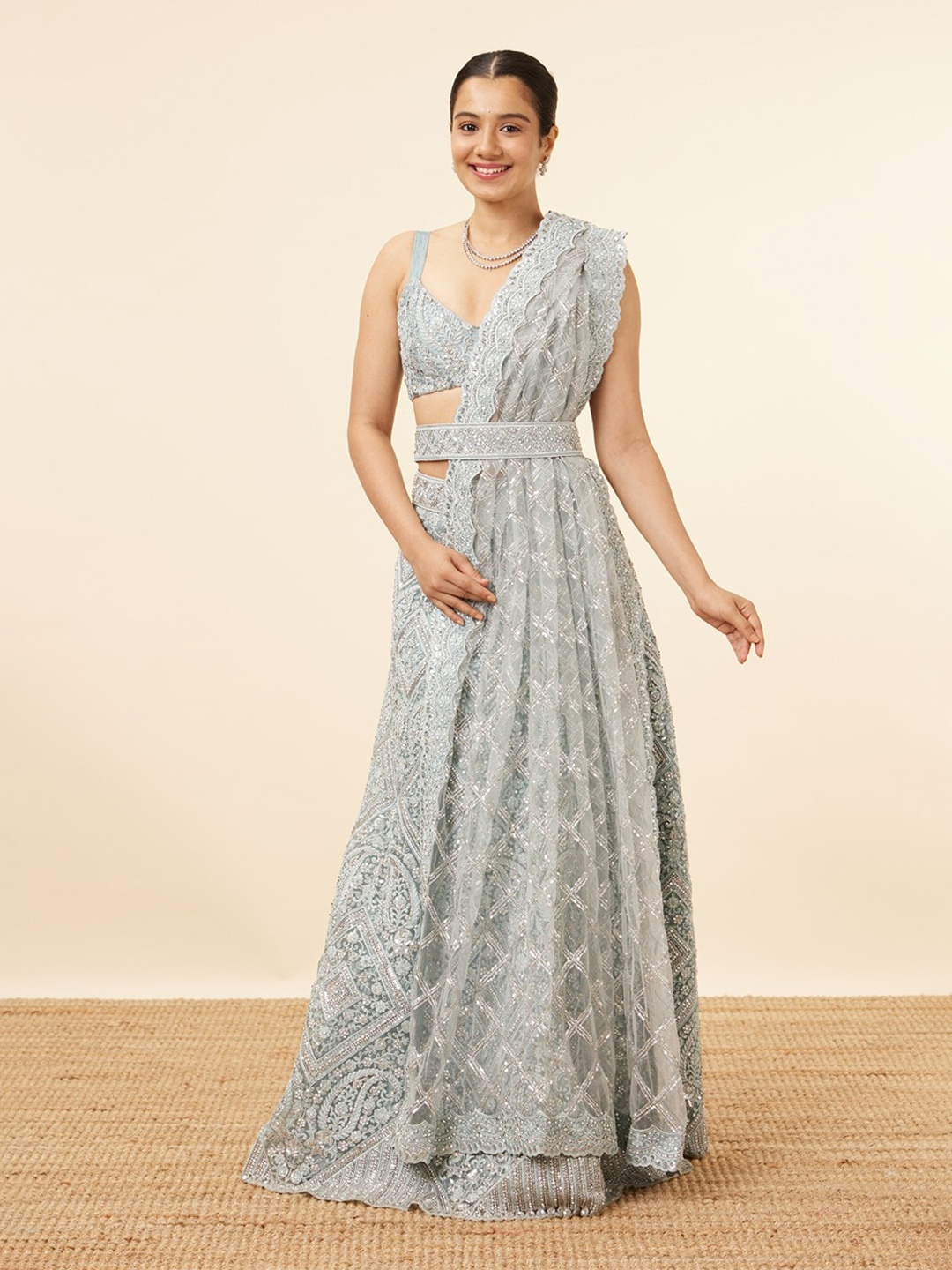 

MOHEY Embroidered Net Semi-Stitched Lehenga & Unstitched Blouse With Dupatta & Belt, Blue