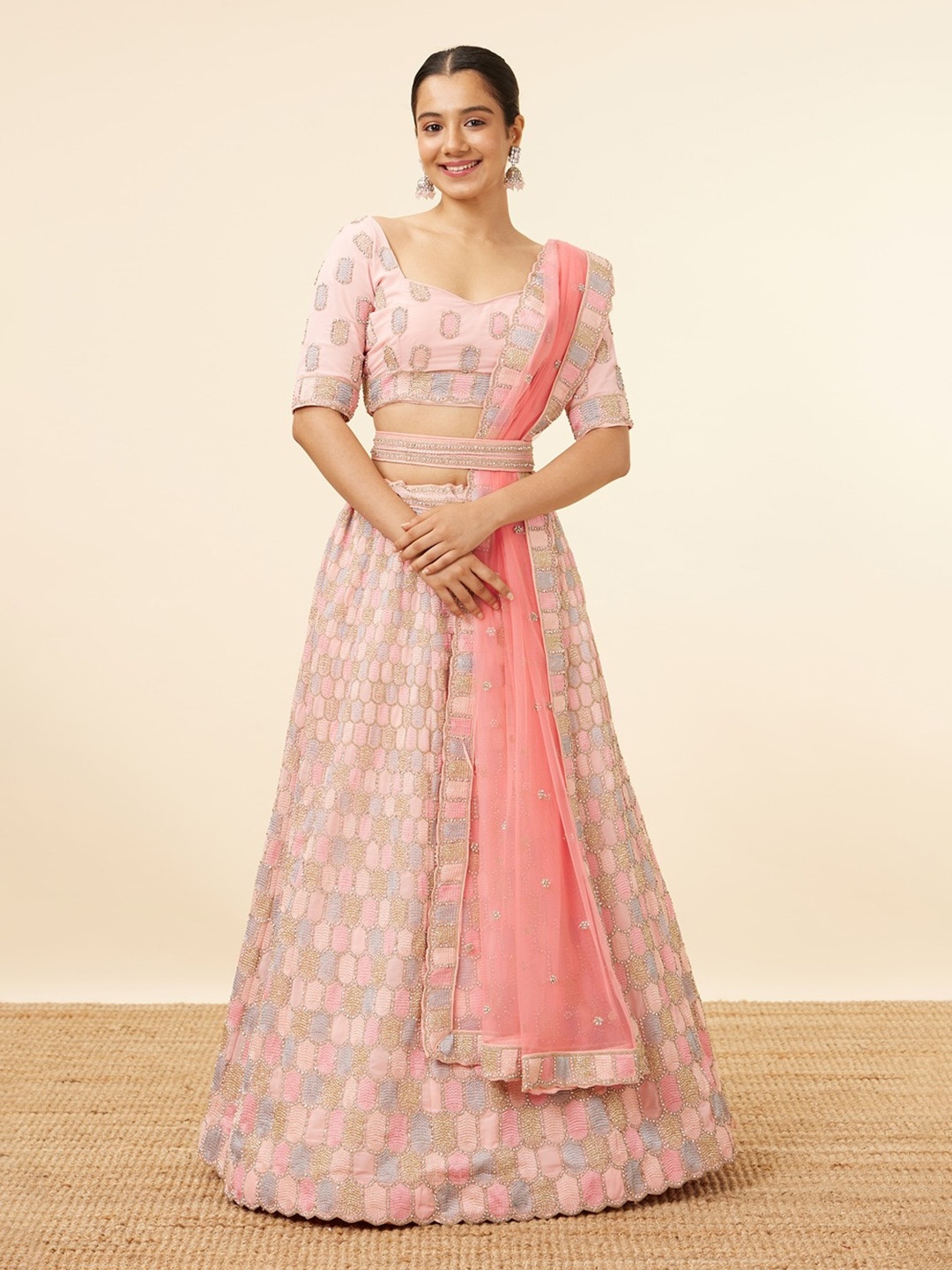 

MOHEY Embroidered Zari Semi-Stitched Lehenga & Unstitched Blouse With Dupatta & Belt, Peach