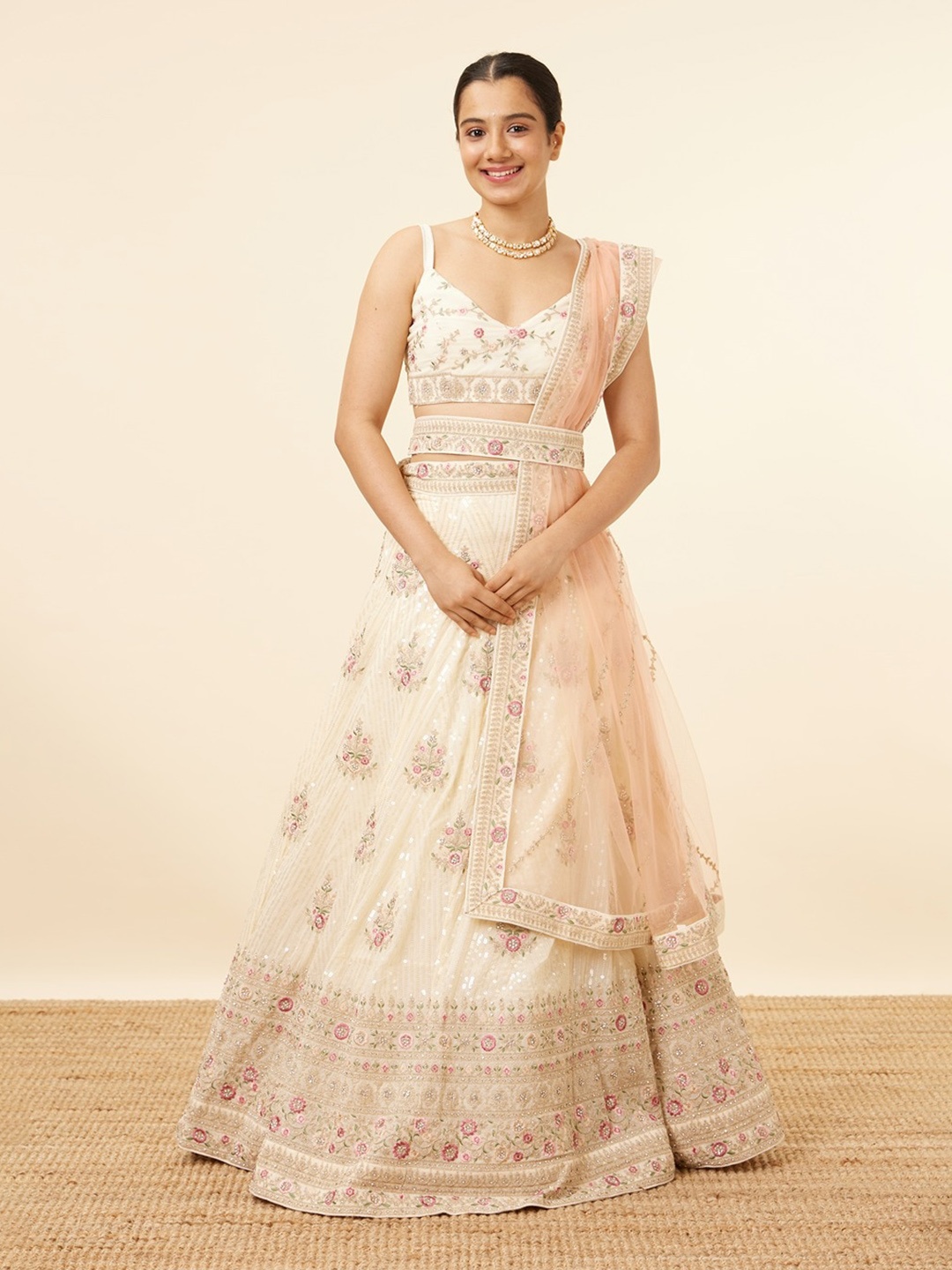 

MOHEY Embroidered Zari Semi-Stitched Lehenga & Unstitched Blouse With Dupatta & Belt, Cream