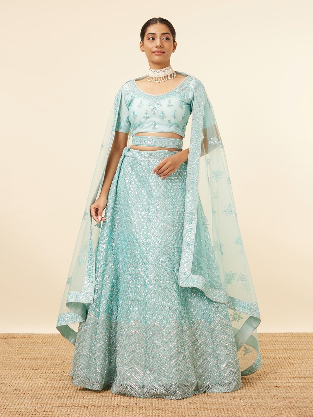 

MOHEY Embroidered Semi-Stitched Lehenga & Unstitched Blouse With Dupatta, Blue