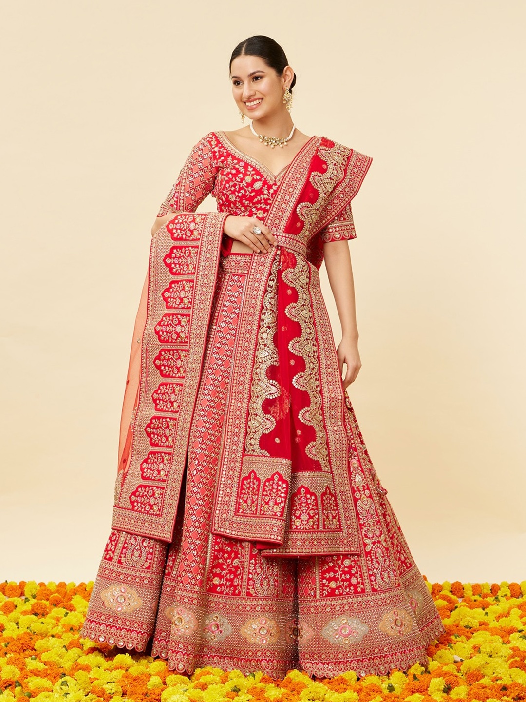 

MOHEY Embroidered Semi-Stitched Lehenga & Unstitched Blouse With Dupatta & Belt, Red