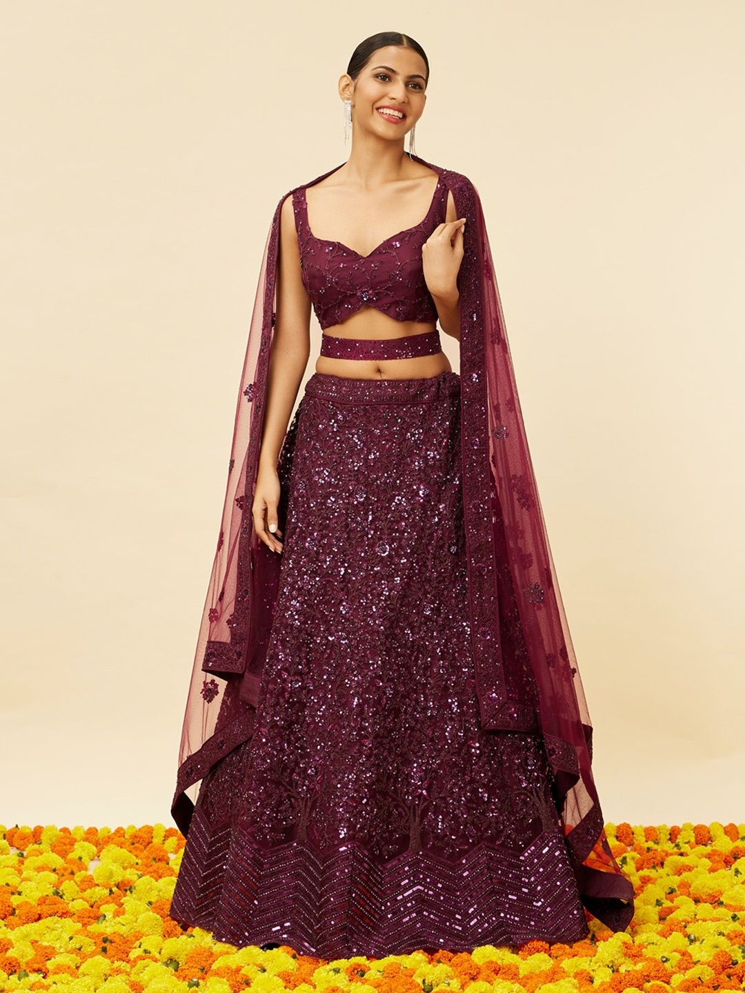 

MOHEY Embroidered Semi-Stitched Lehenga & Unstitched Blouse With Dupatta, Purple