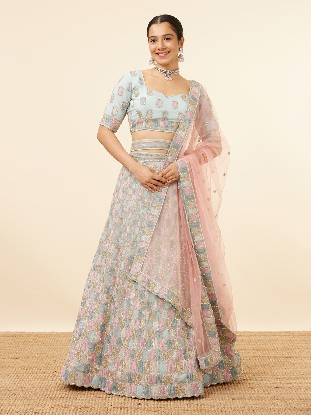 

MOHEY Embroidered Beads and Stones Semi-Stitched Lehenga & Unstitched Blouse With Dupatta, Green