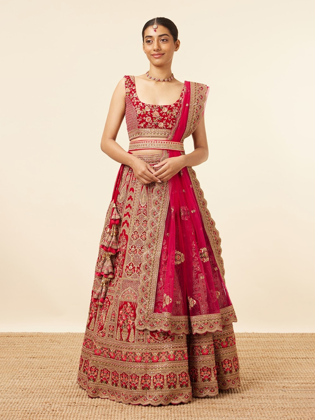 

MOHEY Embroidered Velvet Sequinned Semi-Stitched Lehenga & Unstitched Blouse With Dupatta, Red