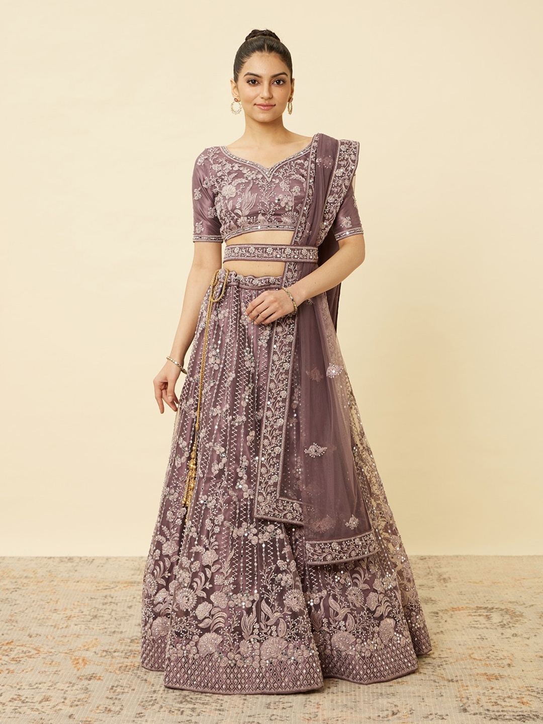 

MOHEY Embroidered Net Semi-Stitched Lehenga & Unstitched Blouse With Dupatta & Belt, Purple