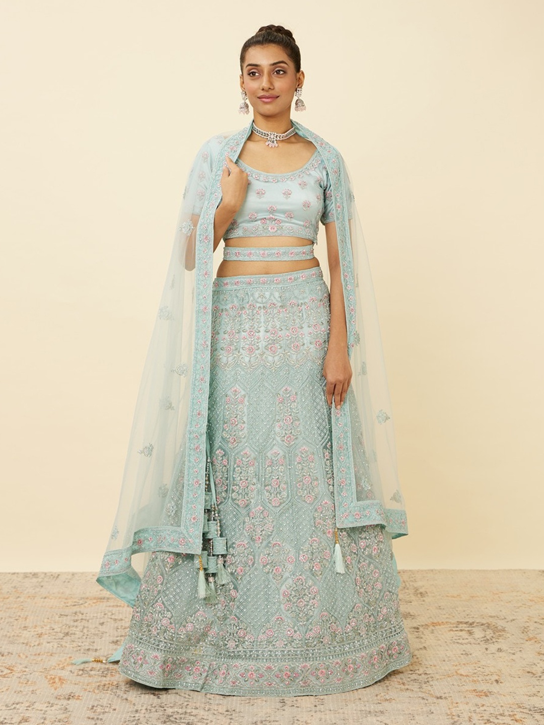 

MOHEY Embroidered Beads and Stones Semi-Stitched Lehenga & Unstitched Blouse With Dupatta, Blue