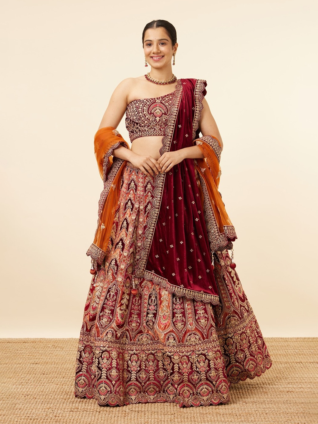 

MOHEY Embroidered Semi-Stitched Lehenga & Unstitched Blouse With Dupatta, Orange