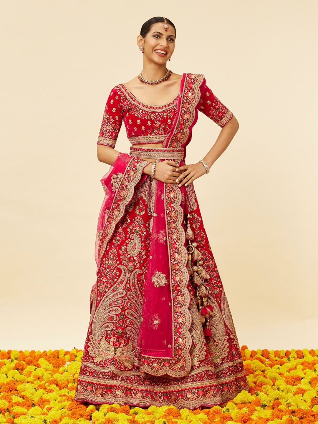 

MOHEY Embroidered Semi-Stitched Lehenga & Unstitched Blouse With Dupatta, Red