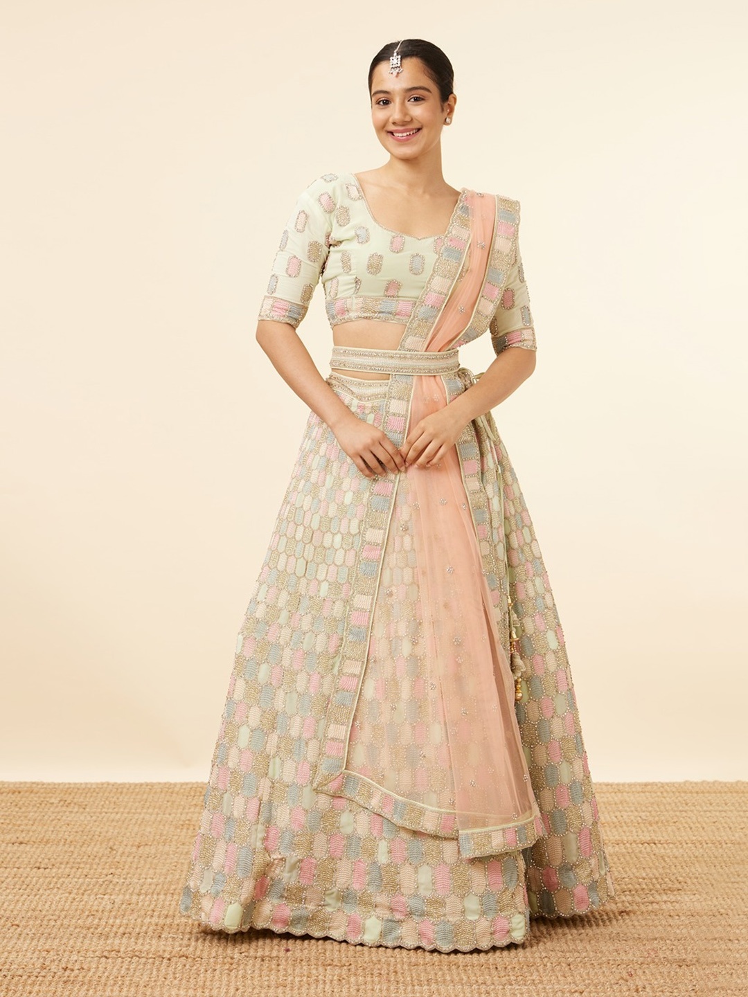 

MOHEY Embroidered Beads & Stones Semi-Stitched Lehenga & Unstitched Blouse With Dupatta, Green