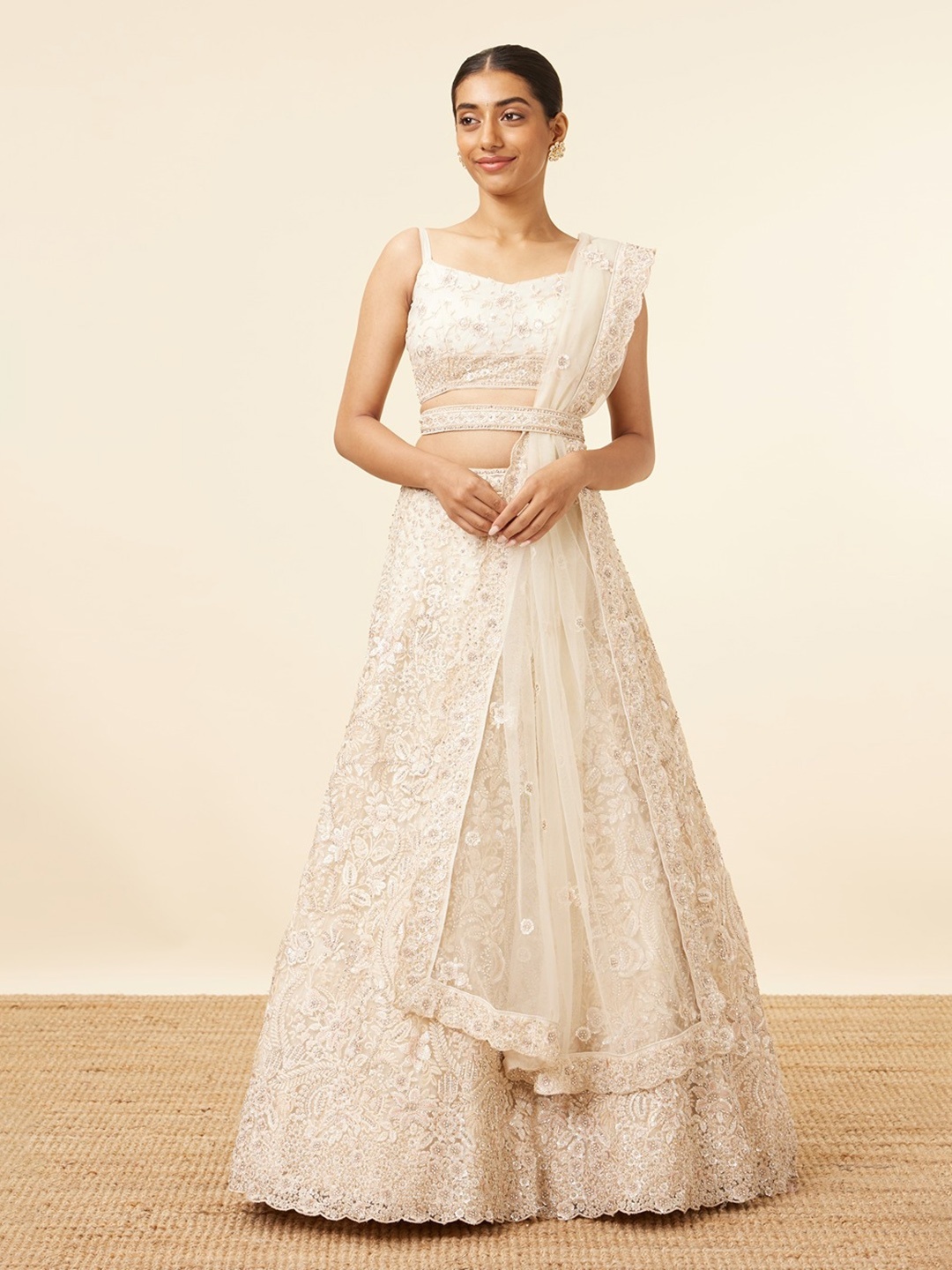 

MOHEY Embroidered Beads and Stones Semi-Stitched Lehenga & Unstitched Blouse With Dupatta, Cream