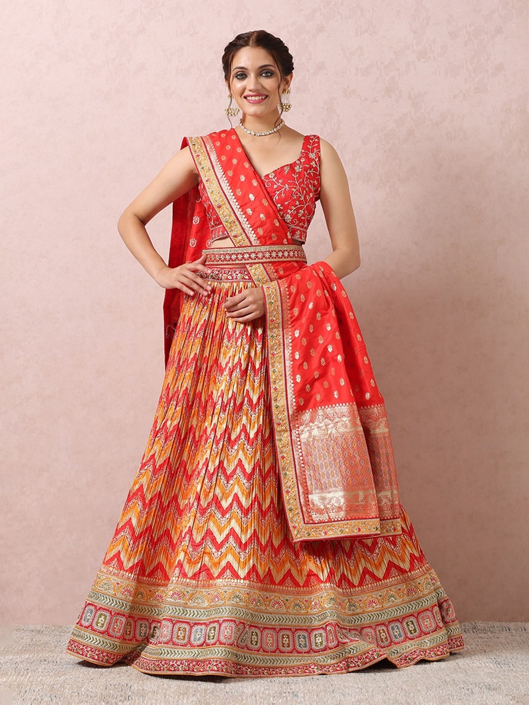 

MOHEY Embroidered Zari Semi-Stitched Lehenga & Unstitched Blouse With Dupatta, Yellow