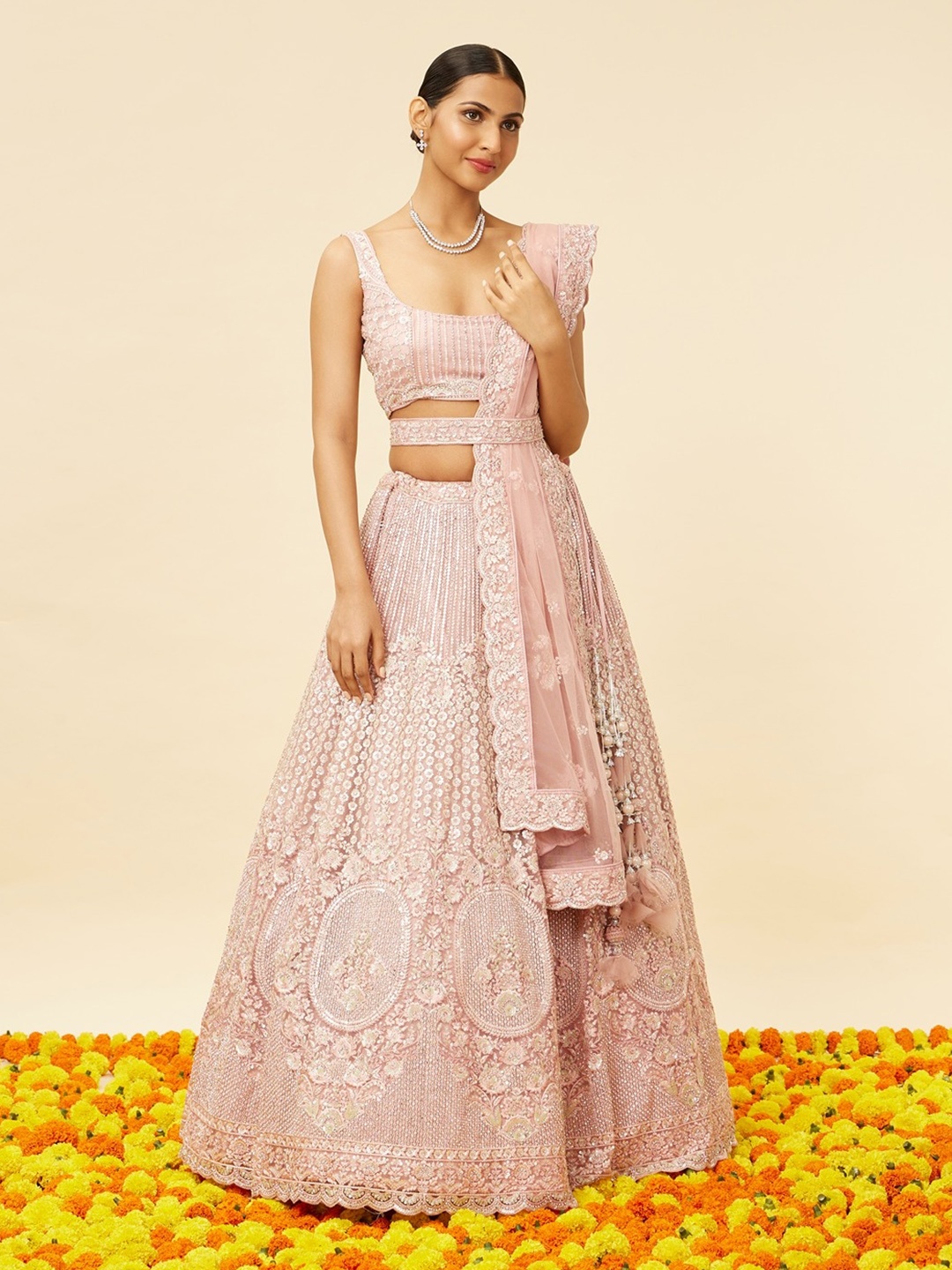 

MOHEY Embroidered Semi-Stitched Lehenga & Unstitched Blouse With Dupatta, Pink