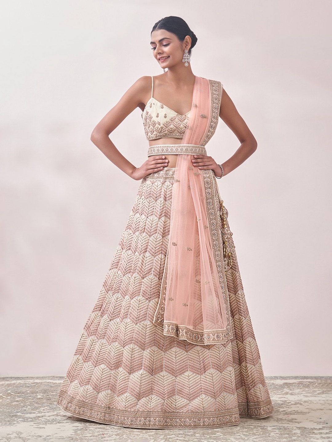

MOHEY Embroidered Semi-Stitched Lehenga & Unstitched Blouse With Dupatta, Cream