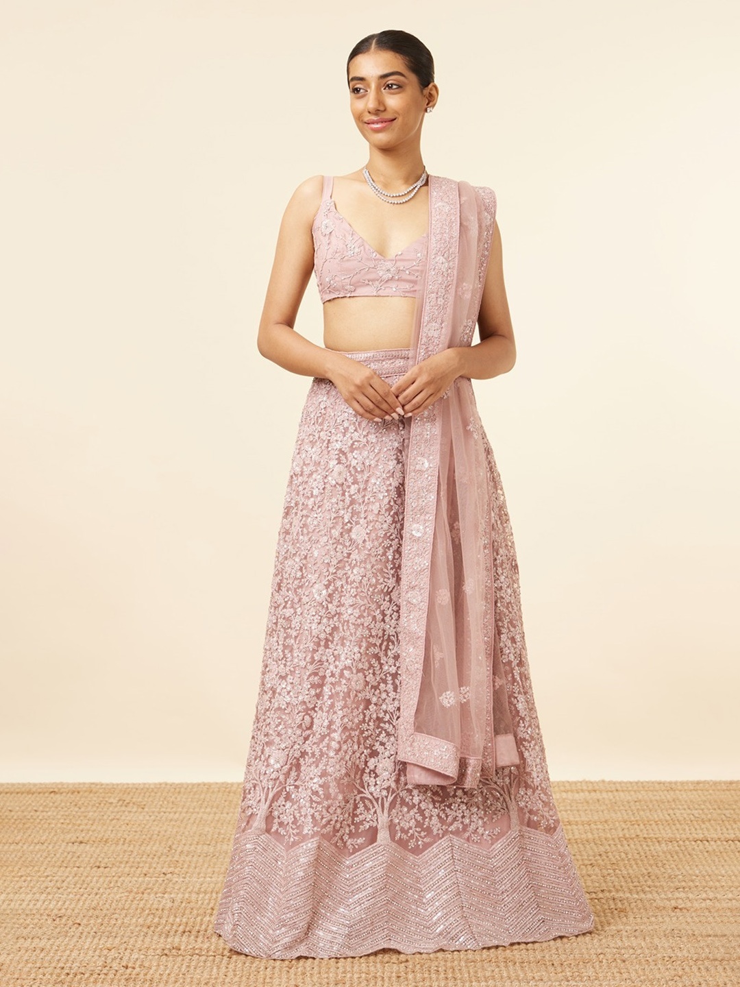 

MOHEY Embroidered Sequinned Net Semi-Stitched Lehenga & Unstitched Blouse With Dupatta, Lavender