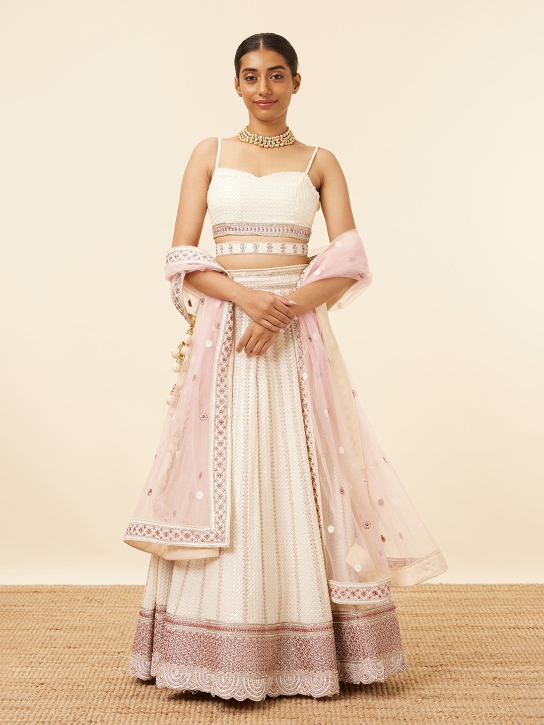 

MOHEY Embroidered Sequinned Semi-Stitched Lehenga & Unstitched Blouse With Dupatta, Cream