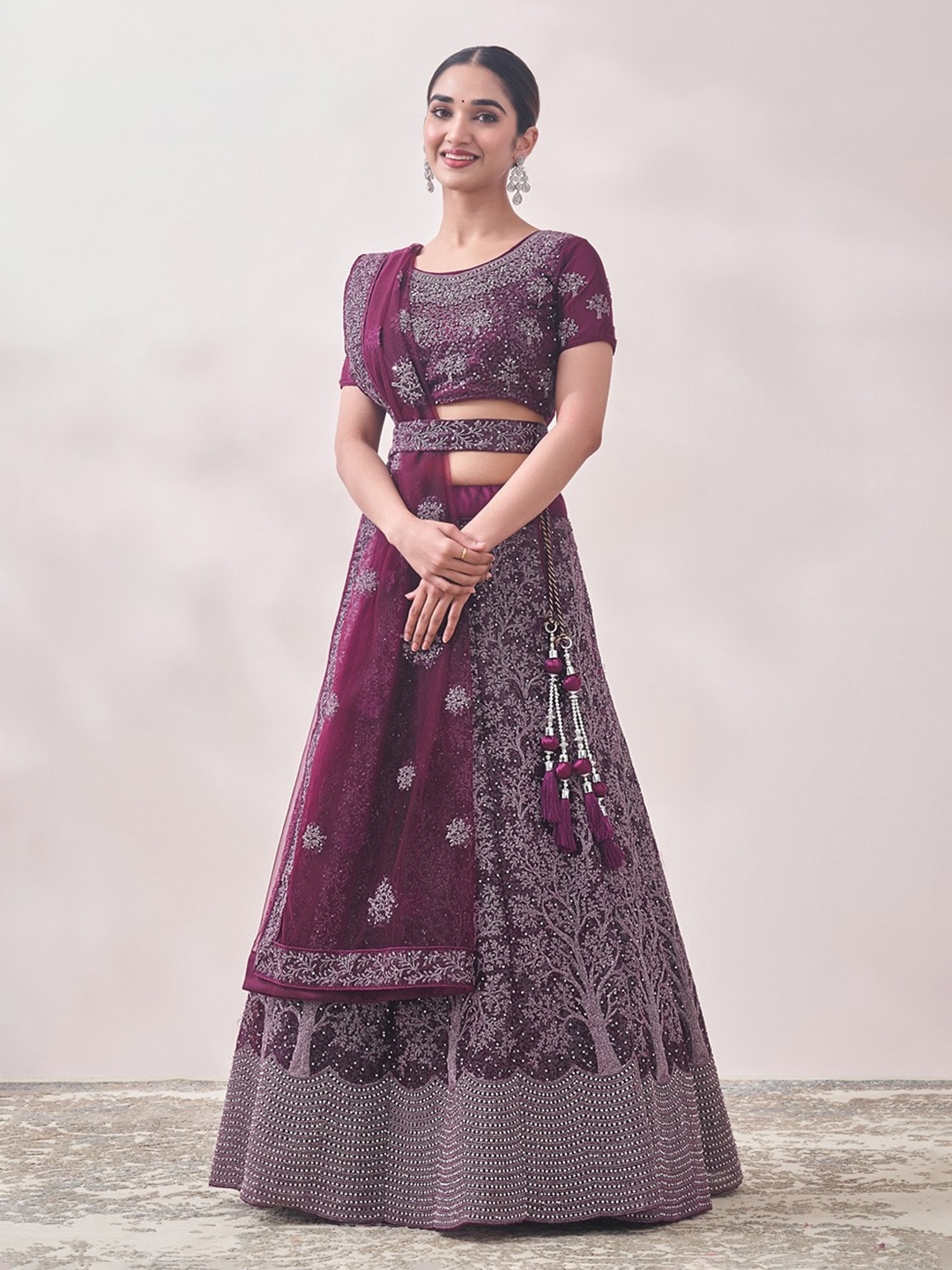 

MOHEY Embroidered Beads and Stones Semi-Stitched Lehenga & Unstitched Blouse With Dupatta, Purple