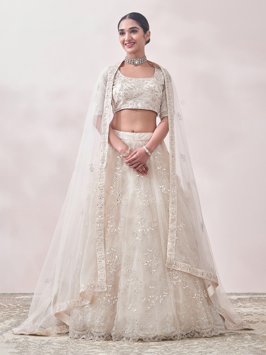 

MOHEY Embroidered Mirror Work Semi-Stitched Lehenga & Unstitched Blouse With Dupatta, Cream