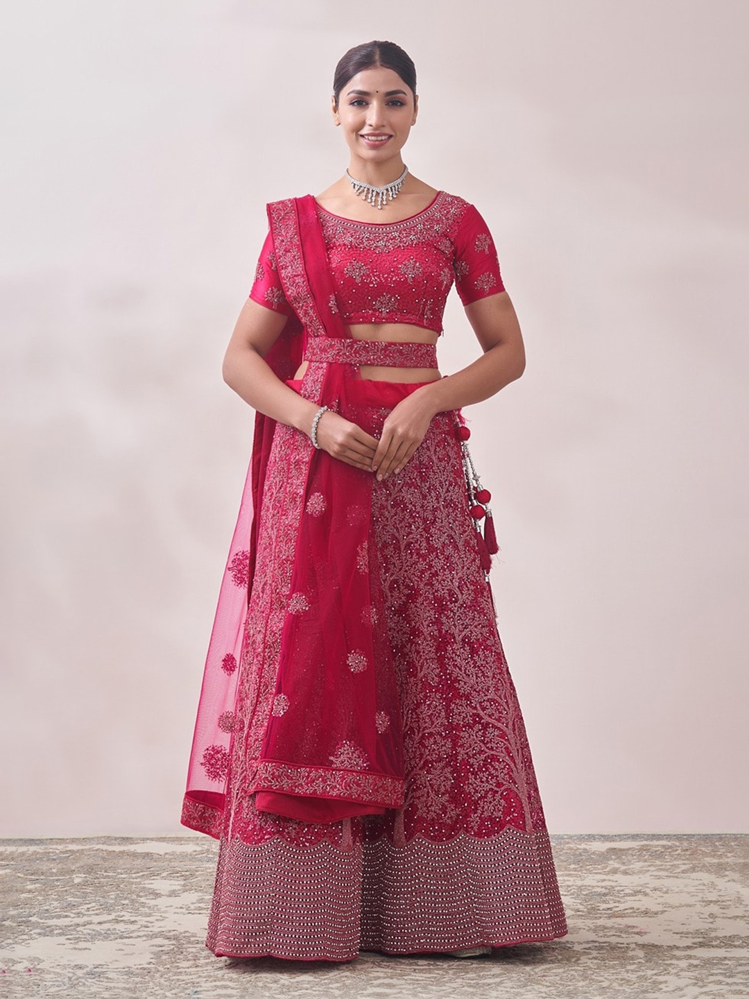 

MOHEY Embroidered Beads and Stones Semi-Stitched Lehenga & Unstitched Blouse With Dupatta, Fuchsia