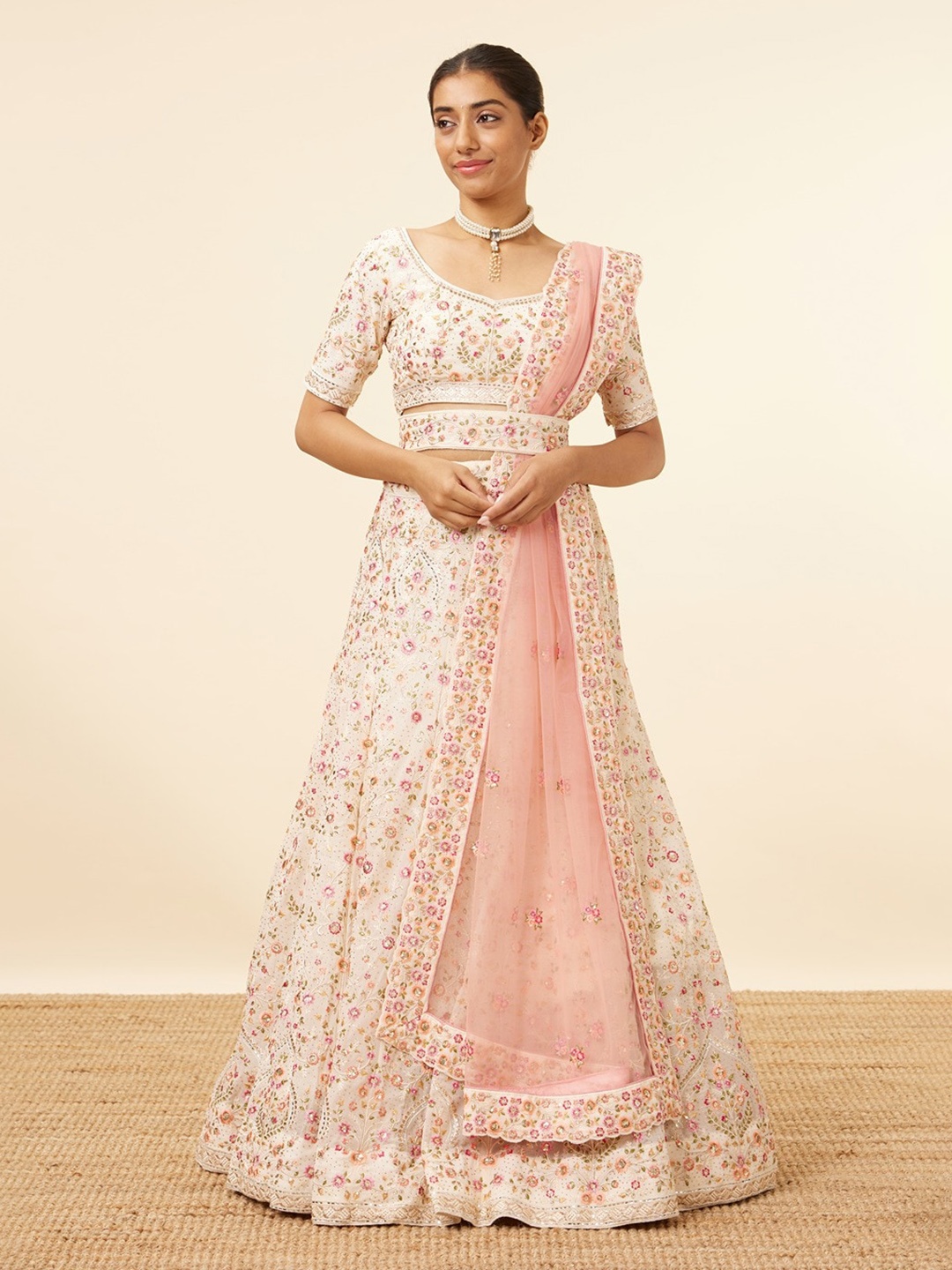 

MOHEY Embroidered Thread Work Semi-Stitched Lehenga & Unstitched Blouse With Dupatta, Cream