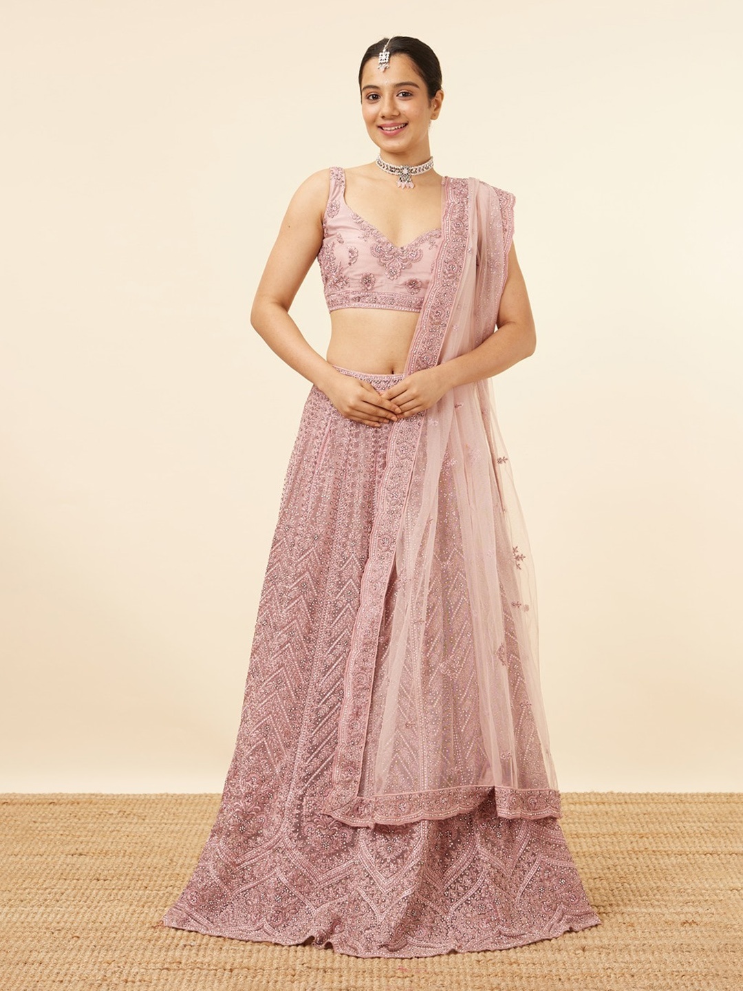 

MOHEY Embroidered Net Semi-Stitched Lehenga & Unstitched Blouse With Dupatta, Mauve