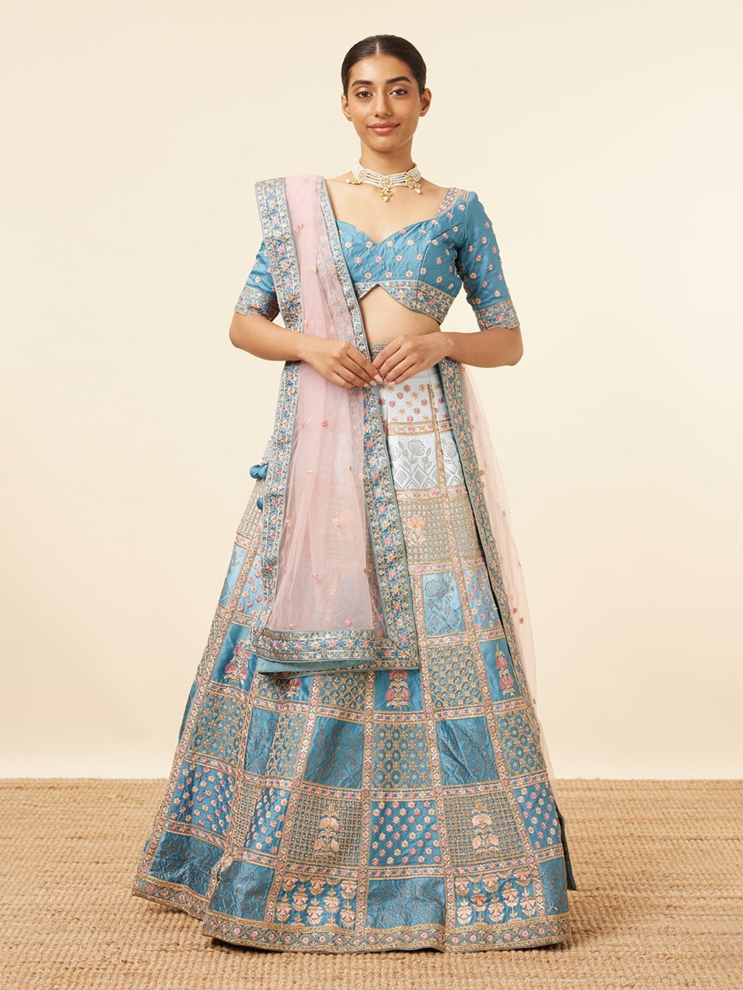 

MOHEY Embroidered Beads and Stones Semi-Stitched Lehenga & Unstitched Blouse With Dupatta, Blue