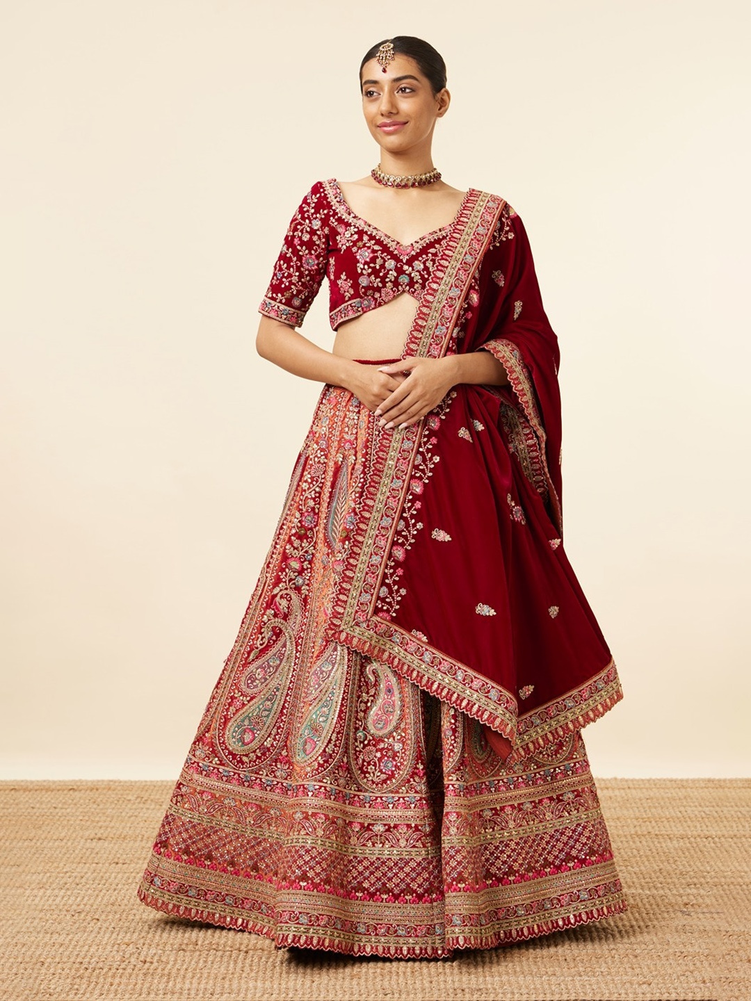 

MOHEY Embroidered Velvet Sequinned Semi-Stitched Lehenga & Unstitched Blouse With Dupatta, Red