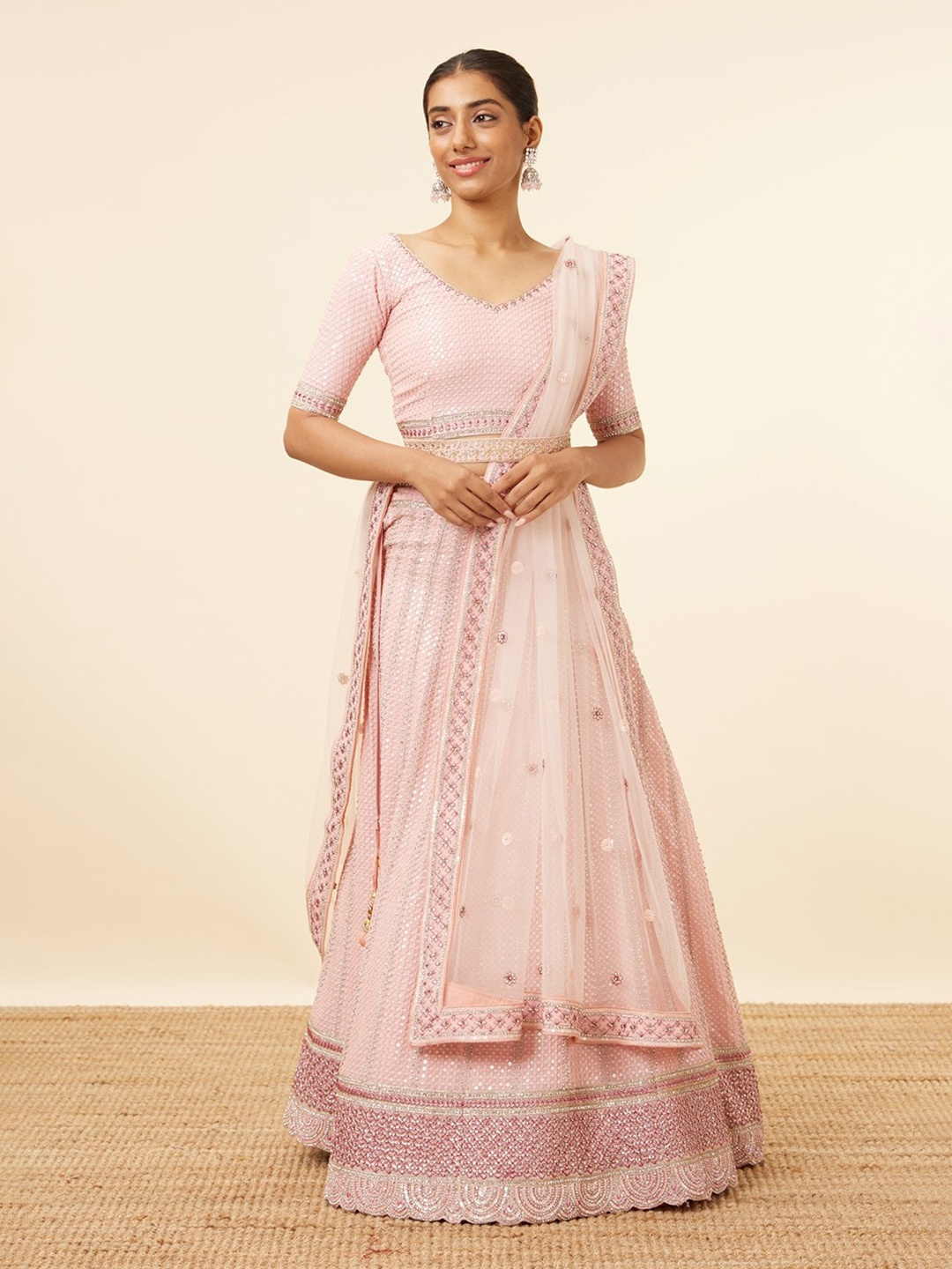 

MOHEY Embroidered Semi-Stitched Lehenga & Unstitched Blouse With Dupatta & Belt, Pink