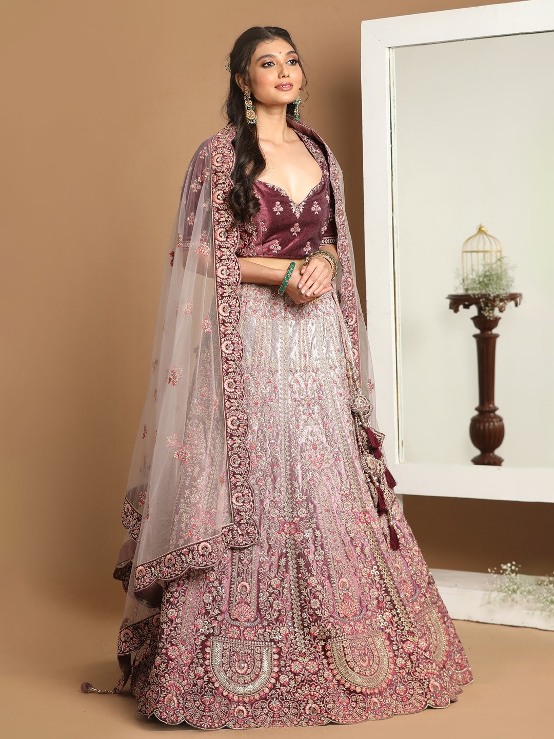 

MOHEY Embroidered Semi-Stitched Lehenga & Unstitched Blouse With Dupatta & Belt, Purple