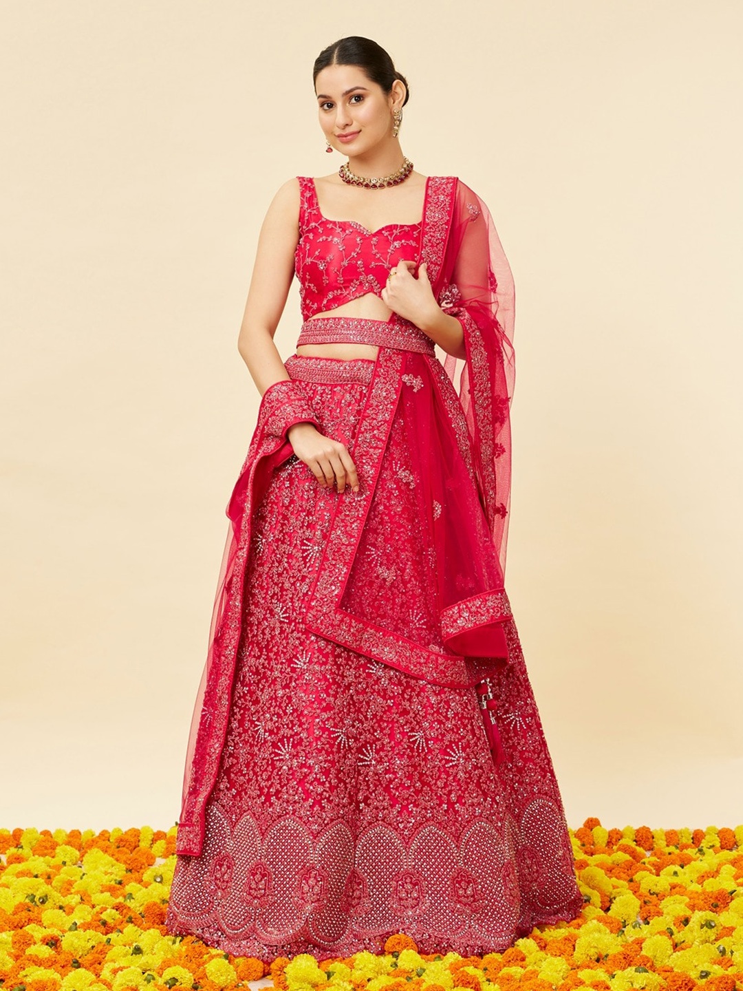 

MOHEY Embroidered Semi-Stitched Lehenga & Unstitched Blouse With Dupatta, Pink