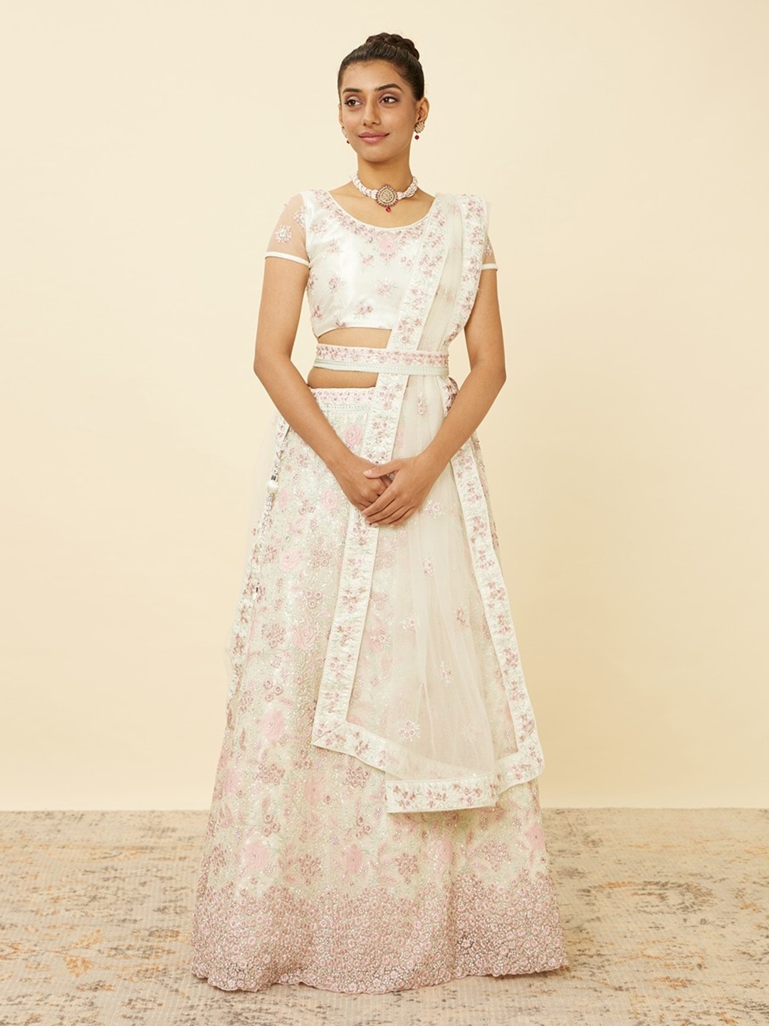 

MOHEY Embroidered Semi-Stitched Lehenga & Unstitched Blouse With Dupatta, Cream