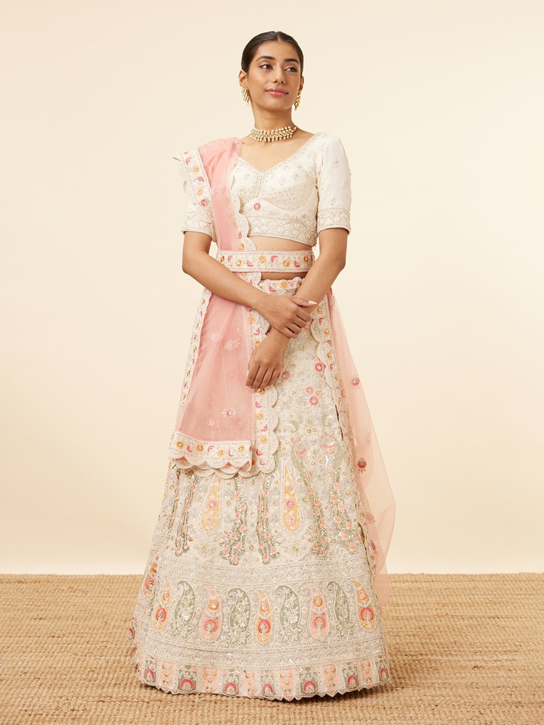 

MOHEY Embroidered Semi-Stitched Lehenga & Unstitched Blouse With Dupatta, Cream