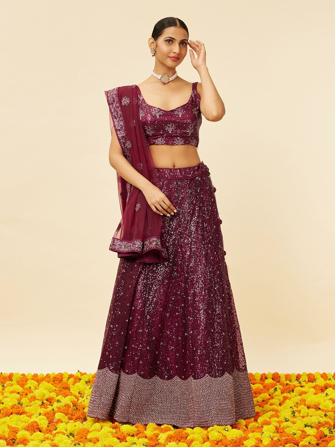 

MOHEY Embroidered Semi-Stitched Lehenga & Unstitched Blouse With Dupatta, Purple