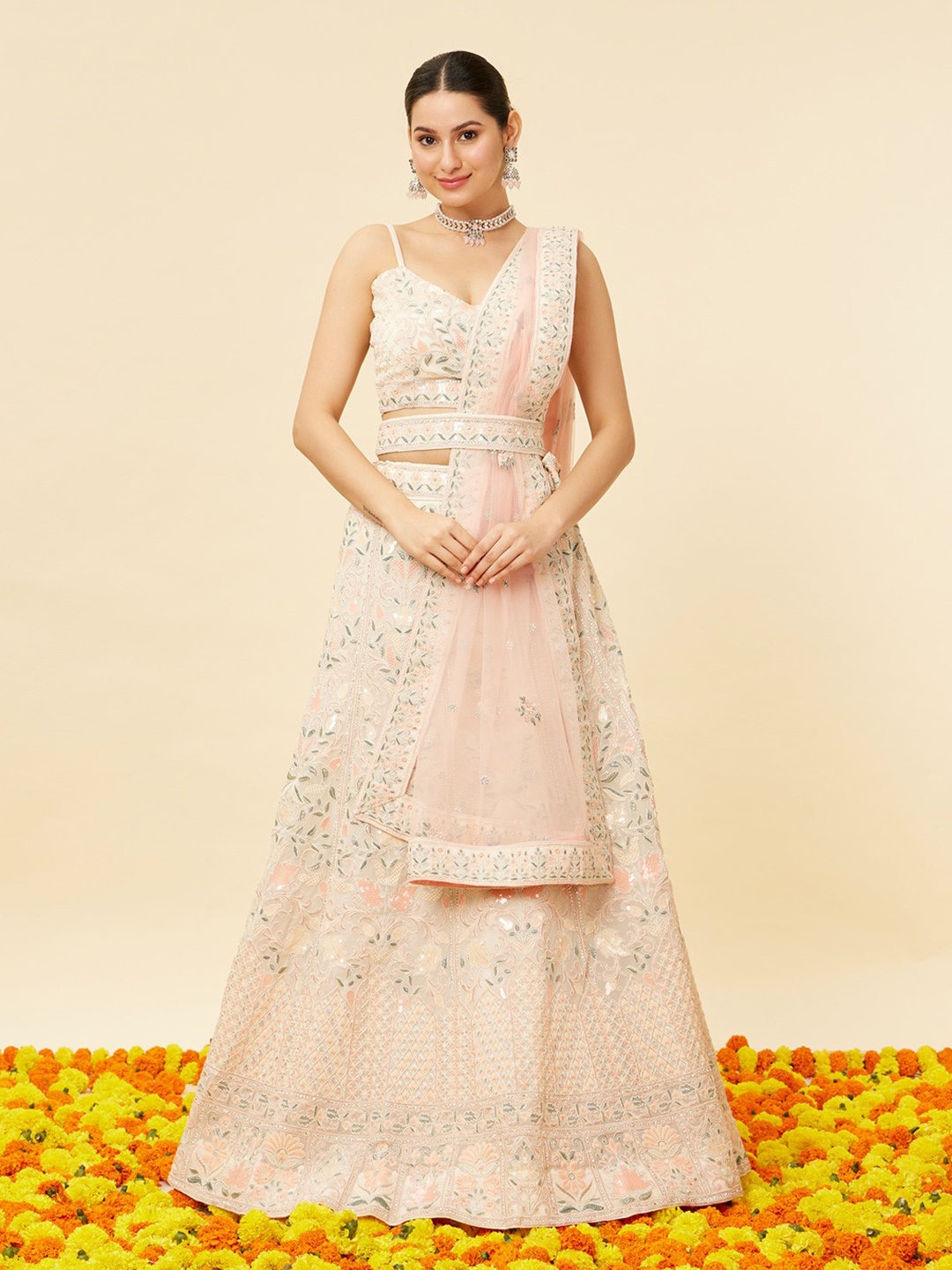 

MOHEY Embroidered Mirror Work Semi-Stitched Lehenga & Unstitched Blouse With Dupatta, White
